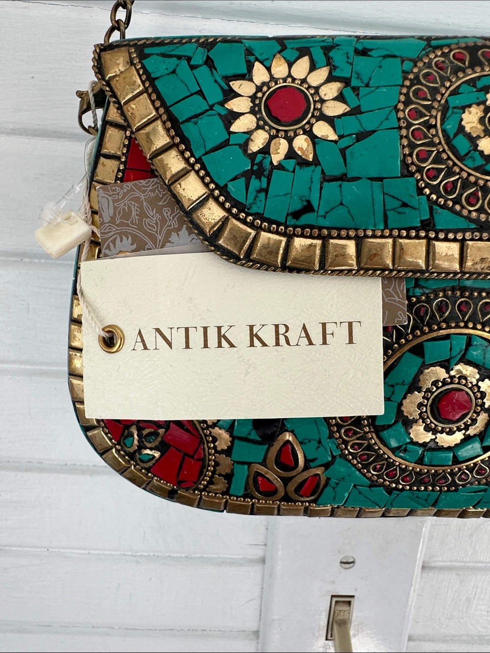 Turquoise Mosaic Metal Shoulder Bag with Red & Gold Accents - Picture 5 of 5